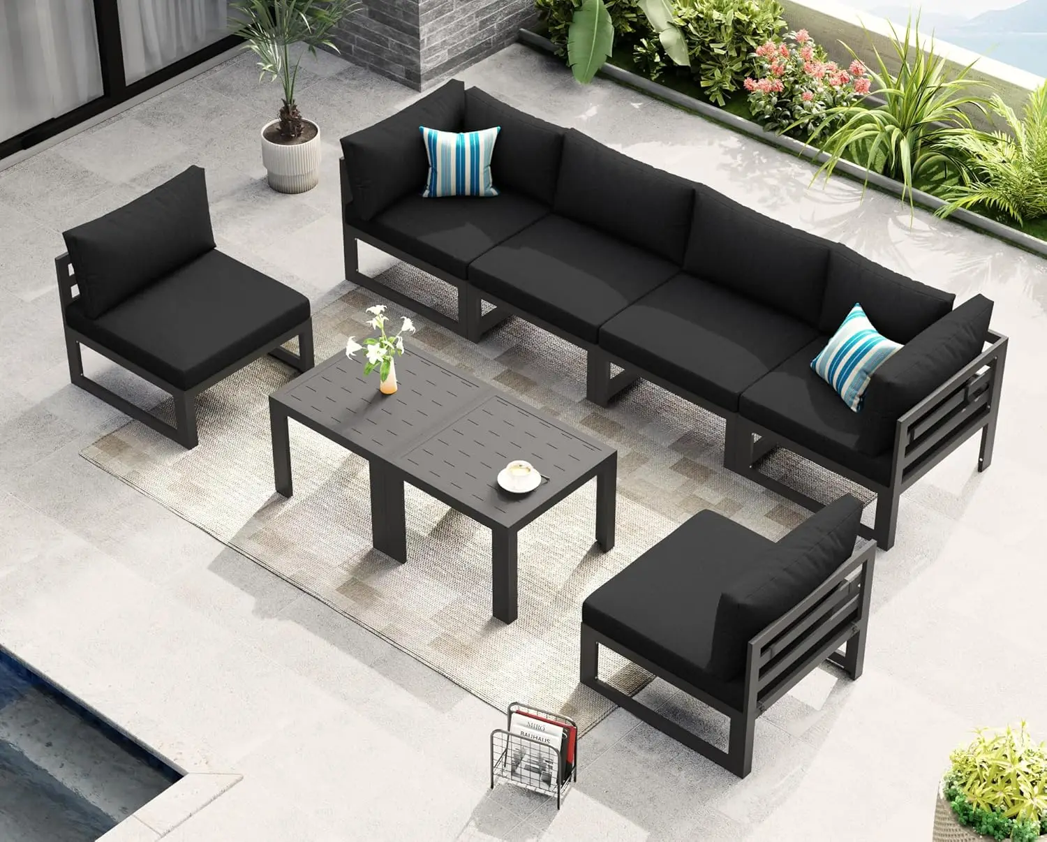 

8 Piece Modern Aluminum Patio Furniture Set Deep Seated, Extra Wide Modular Outdoor Sectional for 6 People, 500 lbs, Customized