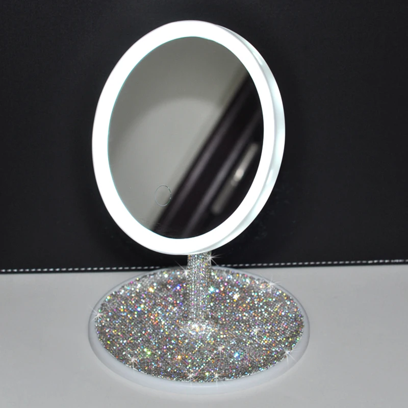 LED Diamond Desktop Makeup Mirror Lamp Touch Screen Selfie Light Adjustable Light Up Luminous Mirror Girl Shiny Bedroom Mirror