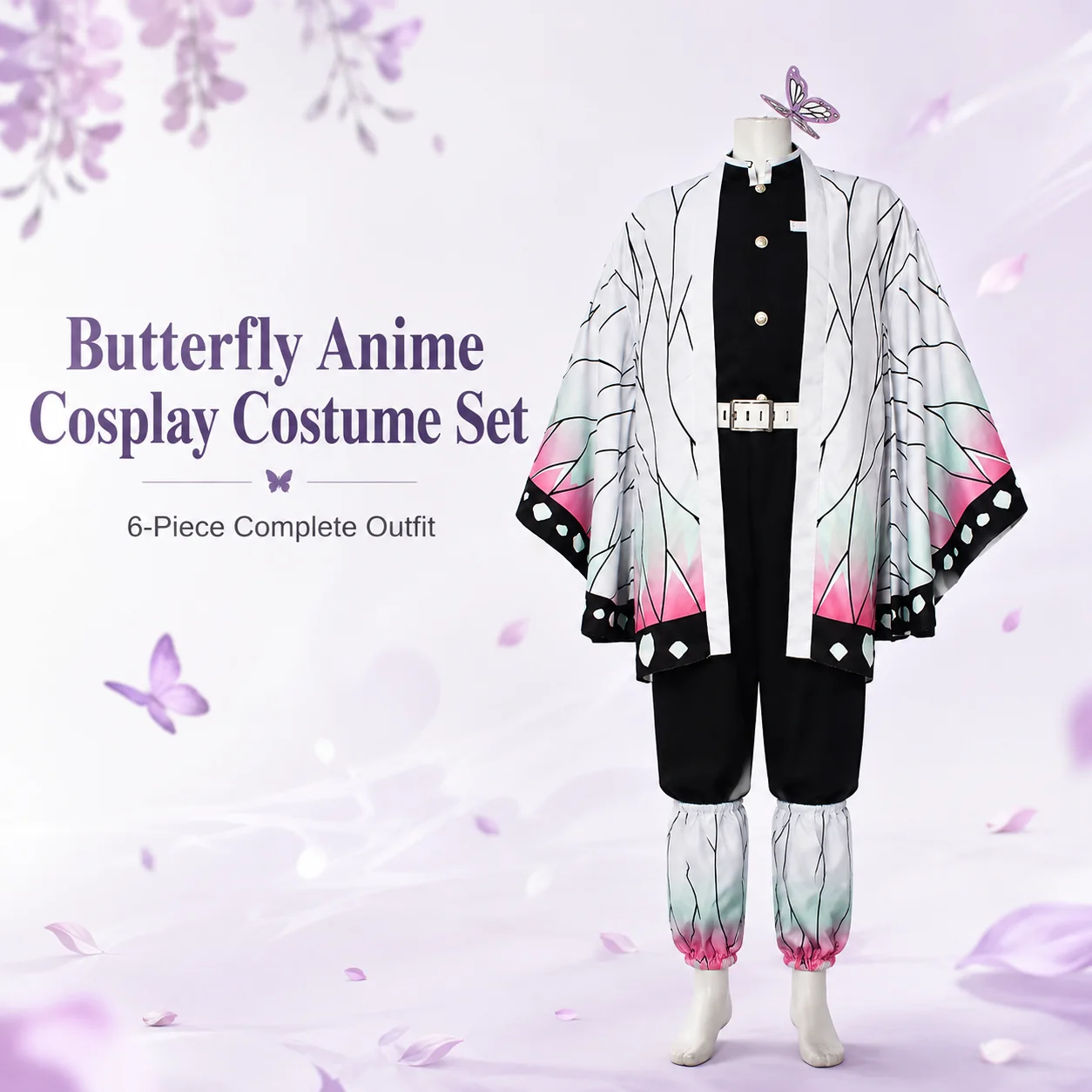 Damen-Kostüm im japanischen Stil für Themenpartys, Haori-Oberbekleidung mit Farbverlauf-Schmetterlingsmuster, dazu schwarze Hose, Bein-Ärmel und Schmetterlings-Haarnadel – komplettes Kostümset.