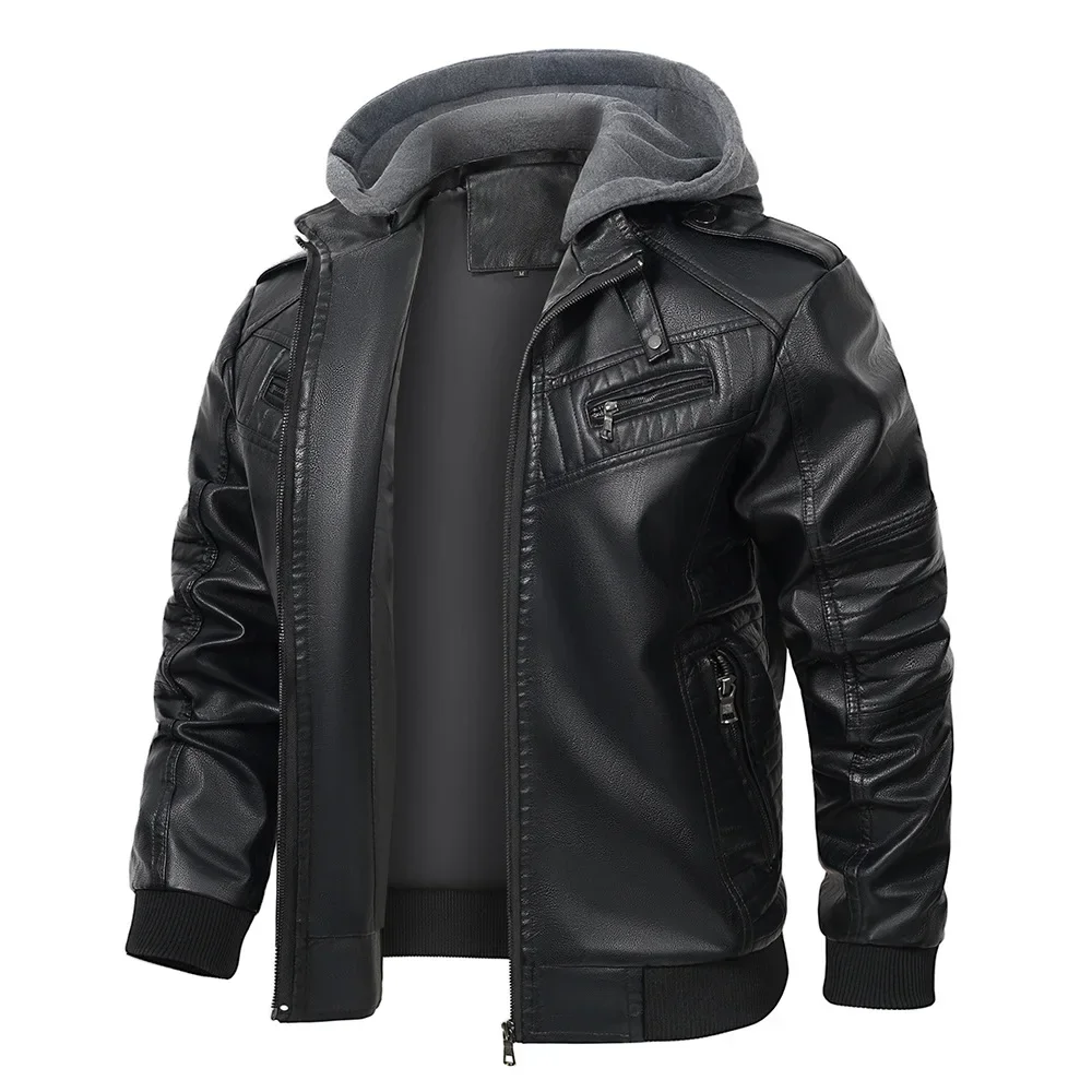 2025 Man Leather Jacket Autumn Winter High Street Punk Long Sleeve Male Coat Simple Patchwork Detachable Hooded Men Outerwear