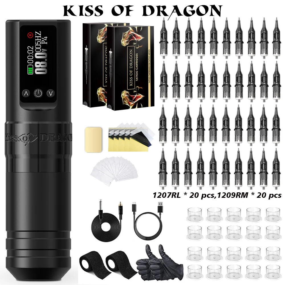 

Tattoo Kit Kiss of Dragon Professional Tattoo Pen Kit For Permanent Makeup Tattoo Machine Kit Wireless Power Supply Tattoo Kits
