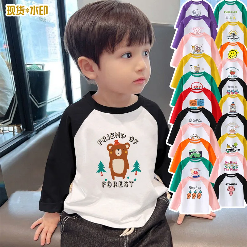 Boys' Long sleeved T-shirt Spring/Autumn Western Children's Clothing Top Water Printed Little Girls' Pure Cotton Bottom Shirt