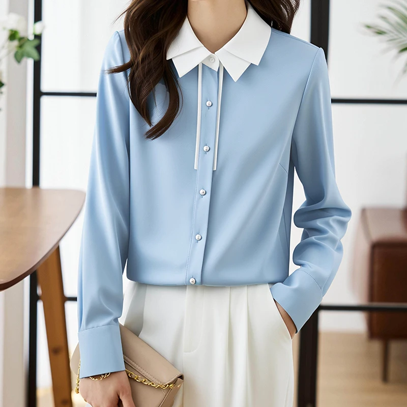 

Светло-голубые женские рубашки для офиса, профессиональные деловые блузки, повседневные рабочие топы, однобортные рубашки с длинным рукавом