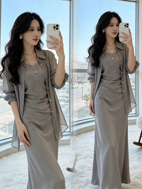 Summer New Style Slimming Two-Piece Set Elegant Draped Satin Dress with Sun Protection Shirt Long Sleeve Casual Wear for Women
