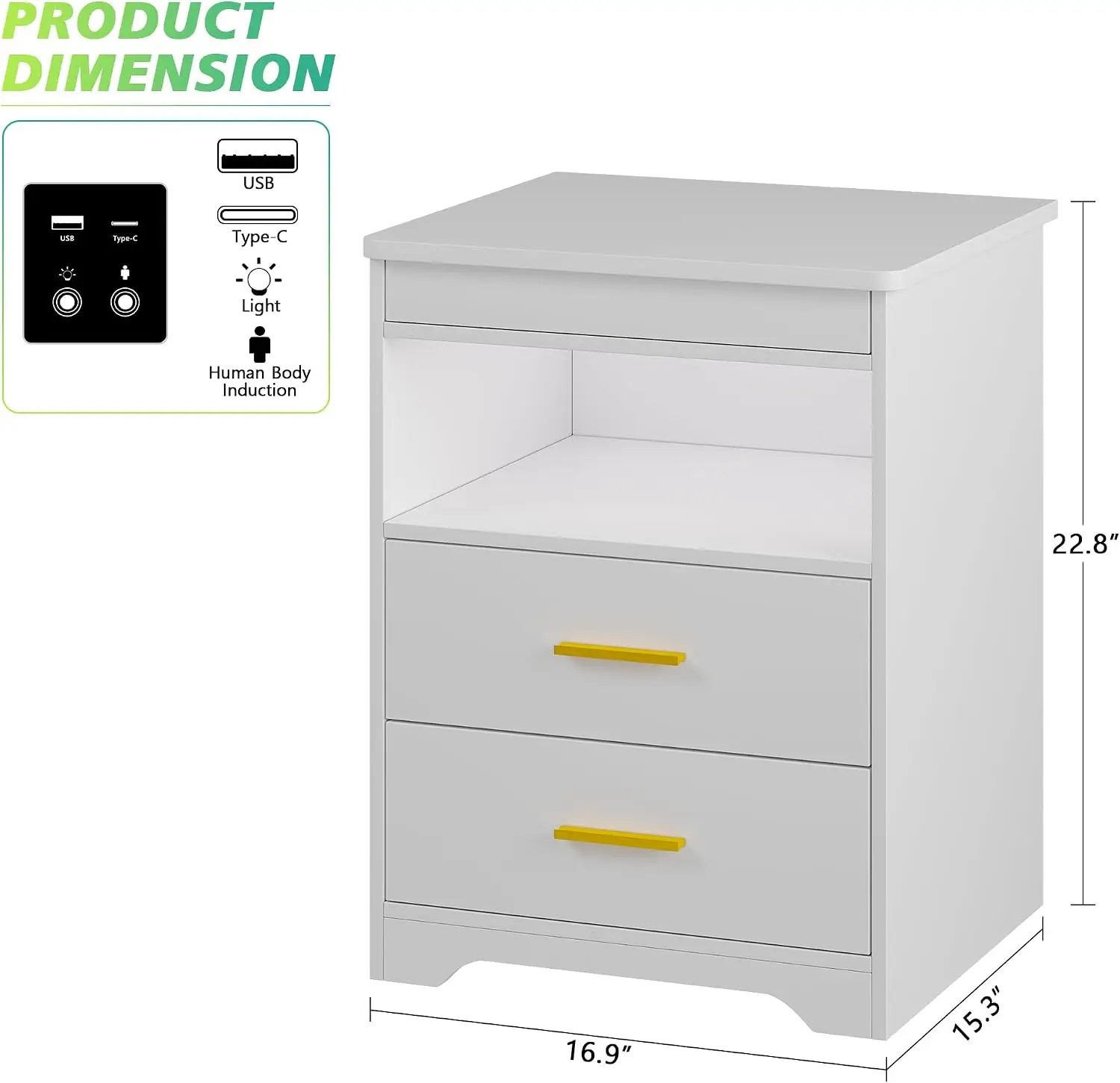 Set of 2 Night Stand with Lockable Gun Drawer,Smart Nightstand with Charging Station,LED Bedside Table with 3-Color Human Sensor
