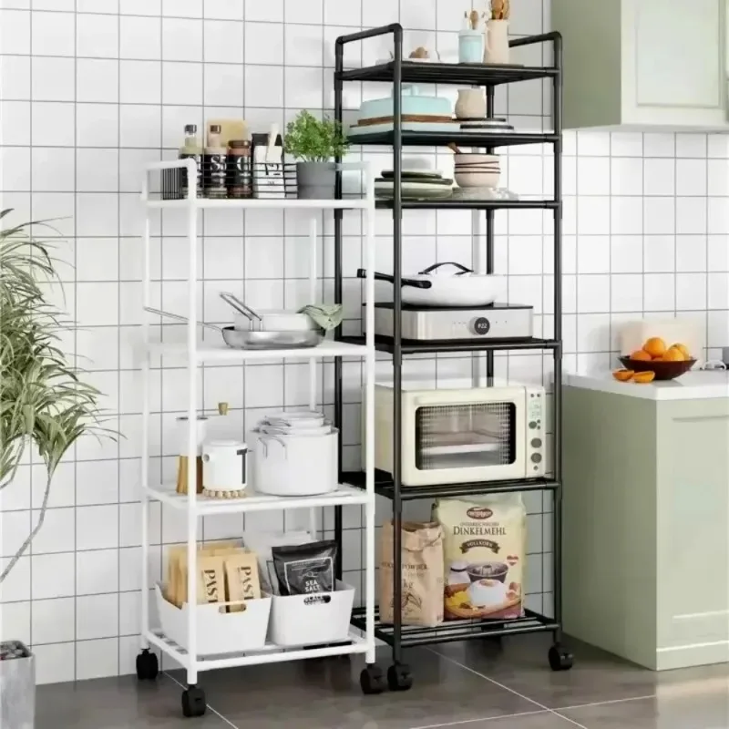 Floor-Standing Kitchen Storage Racks Multi Layer Shelf with Pulley Trolley Punch-Free Easy To Assemble Kitchen Storage Shelves