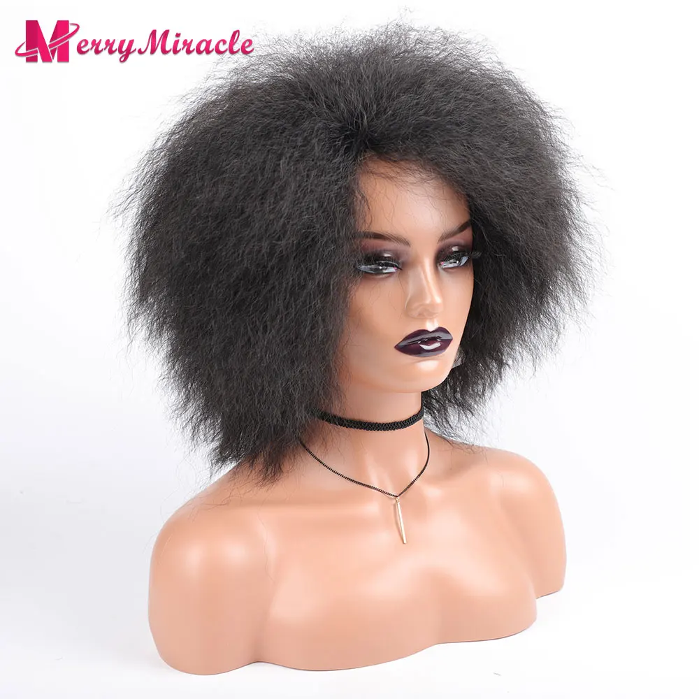 Short Fluffy Straight Synthetic Wig for Black Women Kinky Straight Hair Natural Color Afro Wigs for Women