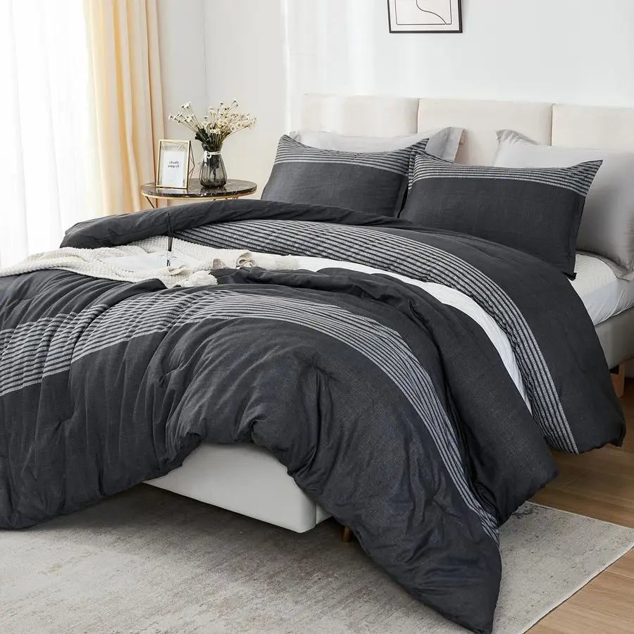 

Queen Comforter Set Black White Grey 3 Pieces Lightweight Summer Bedding Set, All Season Down Alternative Comforter 1 Comforter,