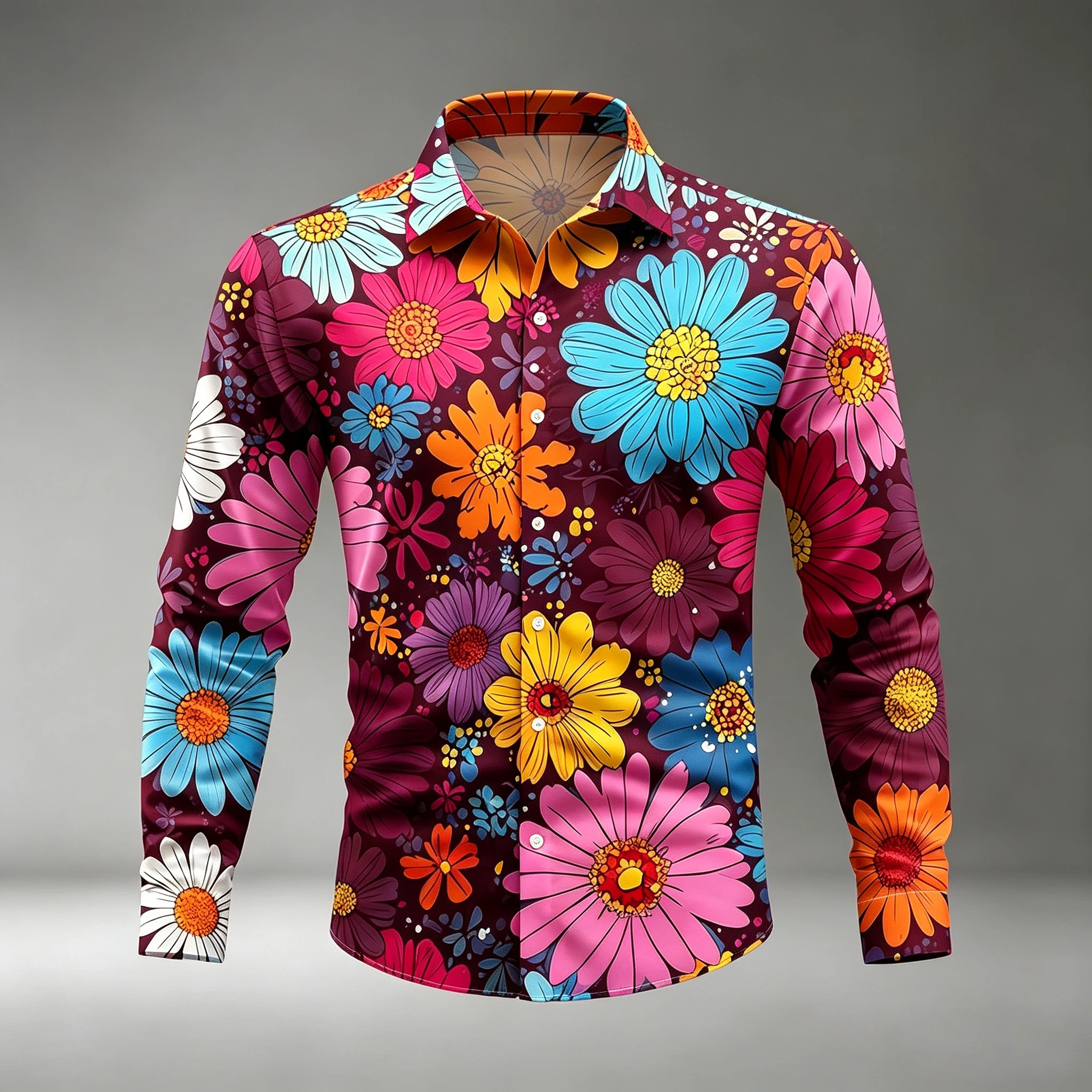 Pop Art Color Daisy All-Over Print Men's Long-Sleeve Shirt, Stretch Slim Fit Hawaiian Beach Vacation Collared Floral Shirt