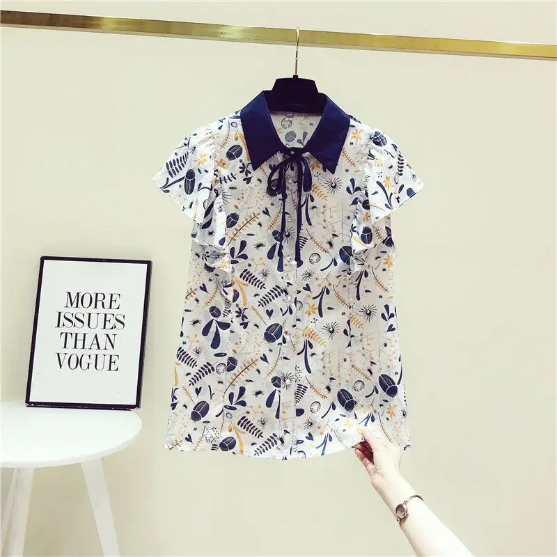 Fashion Casual Flying Sleeve Printed Blouse Summer Women\'s Clothing Korean All-match Turn-down Collar Lace Up Shirt for Female