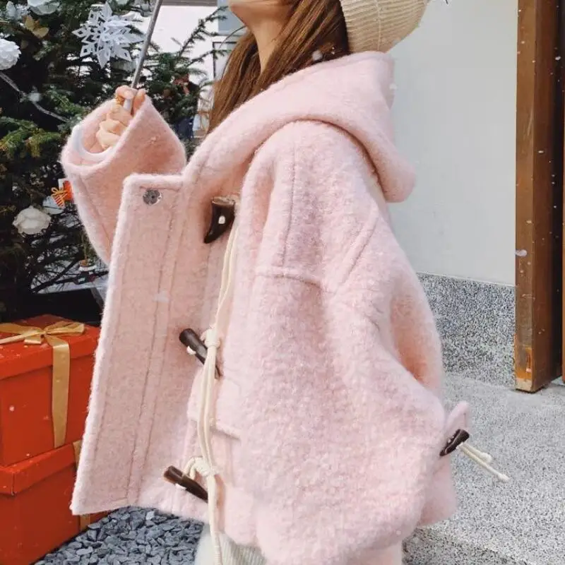 Korean Version Sweet Girl Thick Hooded Coat Autumn and Winter New Item Warm and Loose Casual Woolen Tops Gentle Cute Versatile