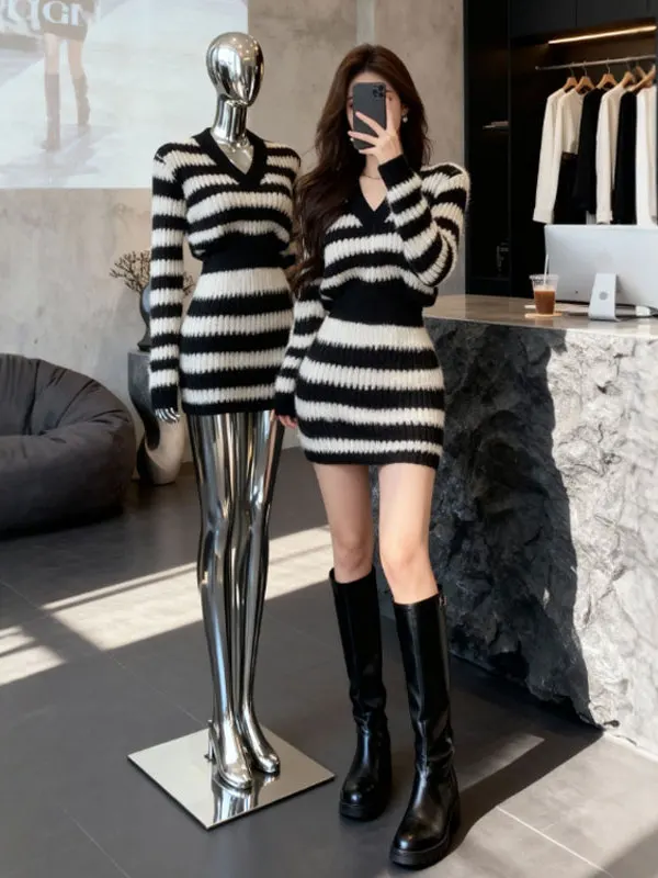 

Korean Gentle Sle V-Ne Color Blo Striped Dr Faionable Slim Fit Bodycon Skirt High Waist Cotton Long Sve Dr