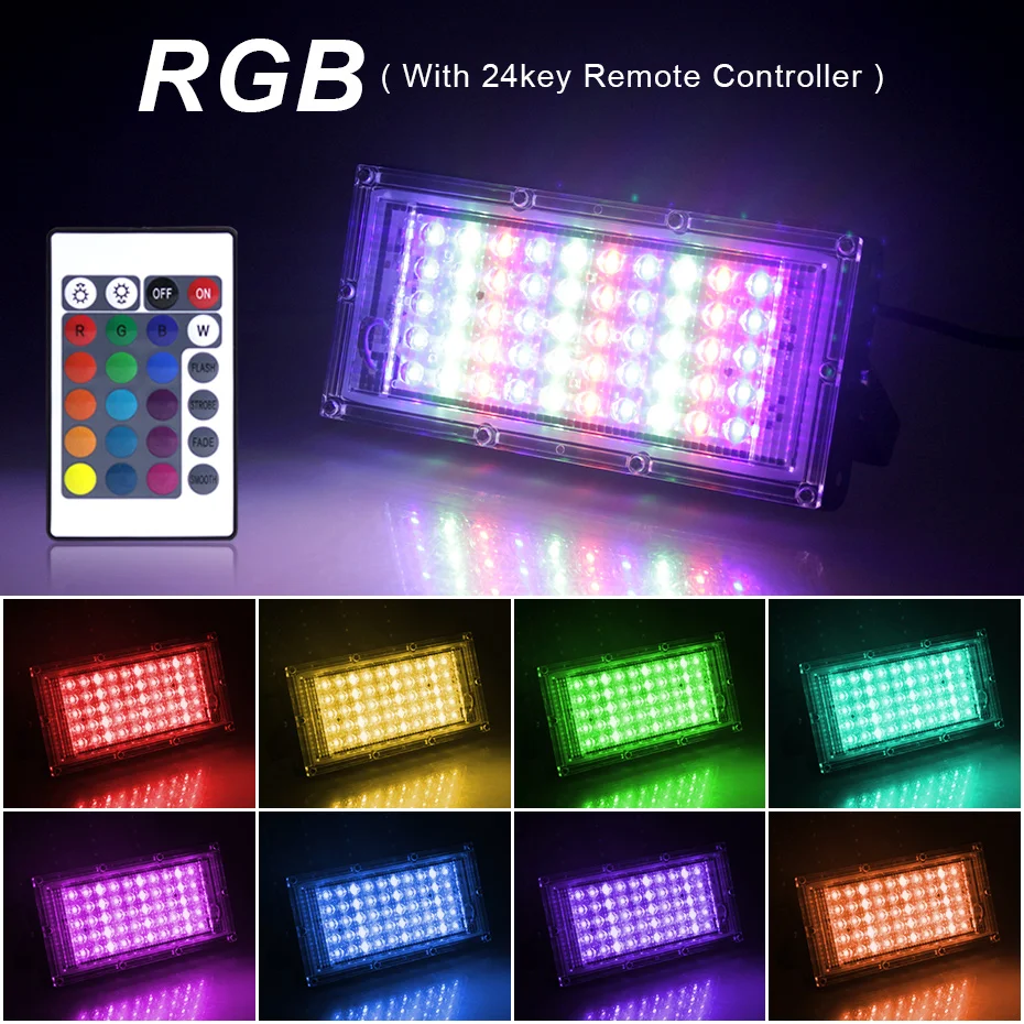 220V LED RGB Floodlight 300W 100W 50W Outdoor Lighting IP65 Waterproof Led Spotlight with Remote Control EU Plug Flood Lights