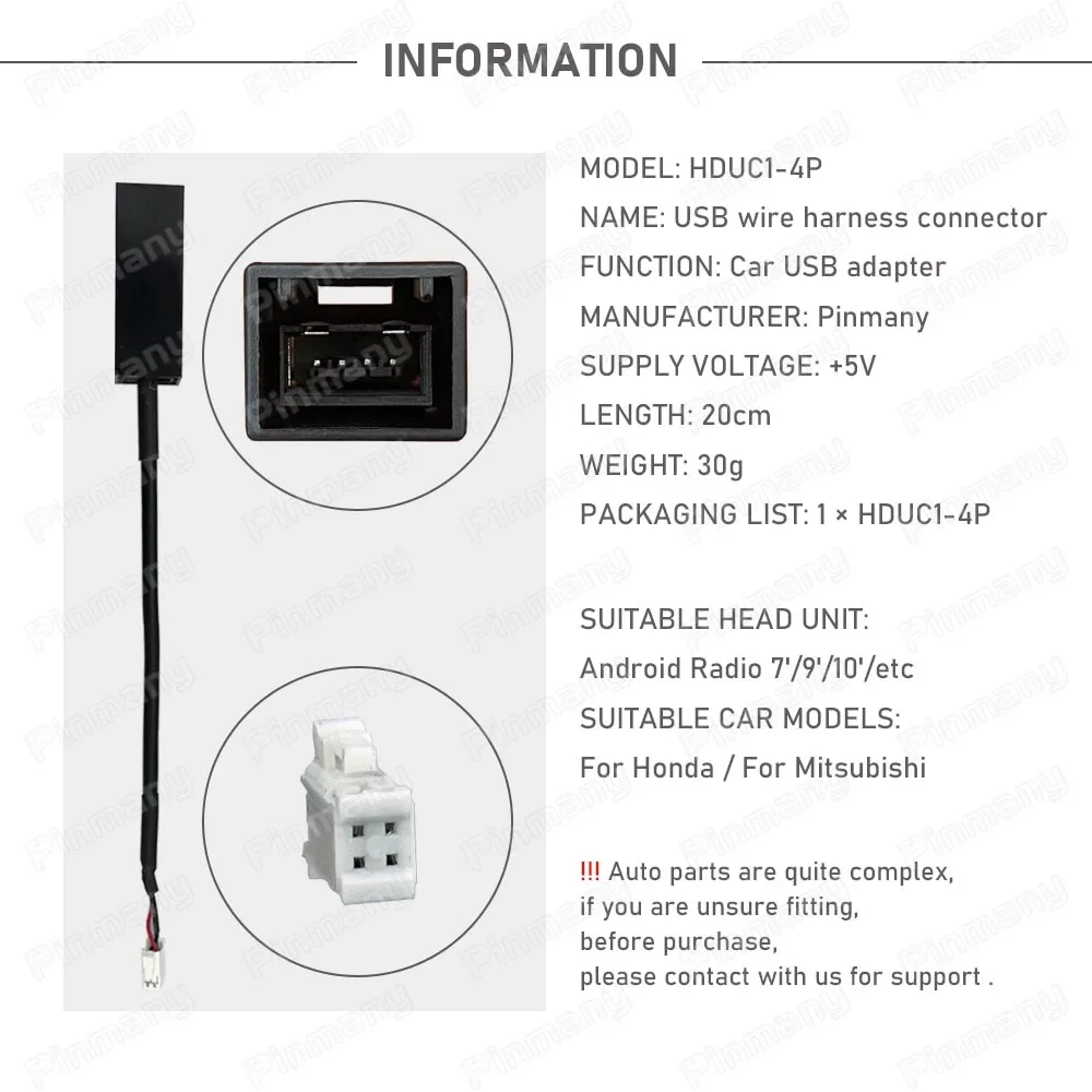 

For Honda City XR-V Mitsubishi ASX Outlander Car Android Radio Audio Connector HDUC1 4 Pin USB Wire Harness Cable Socket Adapter
