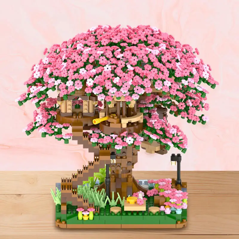 Sakura-modelo de casa del árbol, conjunto de construcción de flores de cerezo suculentas, Micro bloques de construcción de ciudad, ladrillo