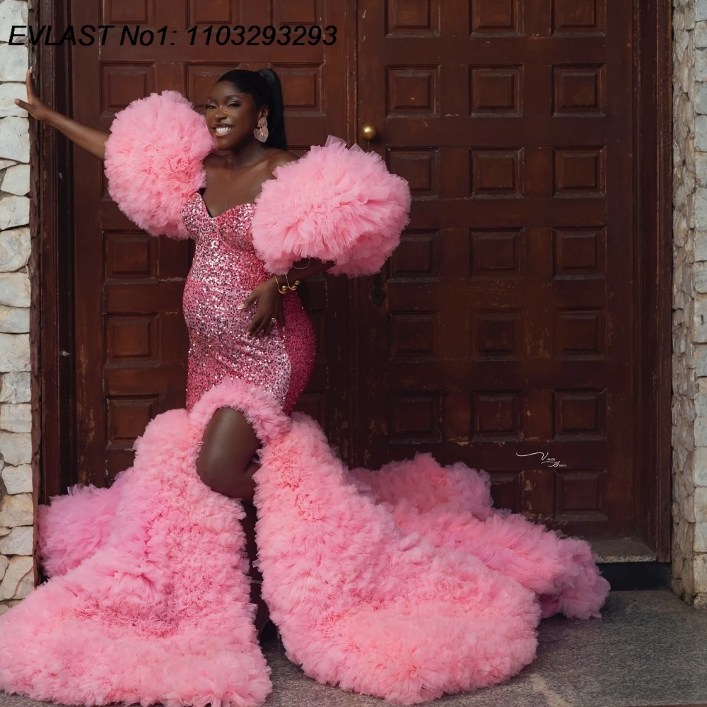 

EVLAST Customized Glitter Pink Sequins Mermaid Prom Dress Black Girl Ruffles High Slit Party Evening Gown Robes De Soirée FP139