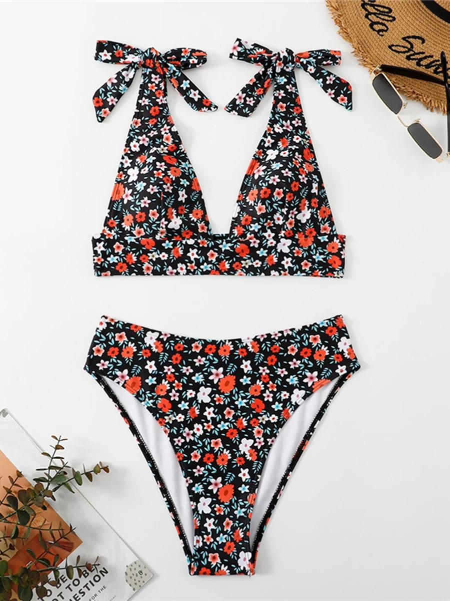 2024 Floral String Two Piece High Waist Bikini Swimsuit Women Sexy Swimwear Female Bather Bathing Swimming Swim Suit Beachwear