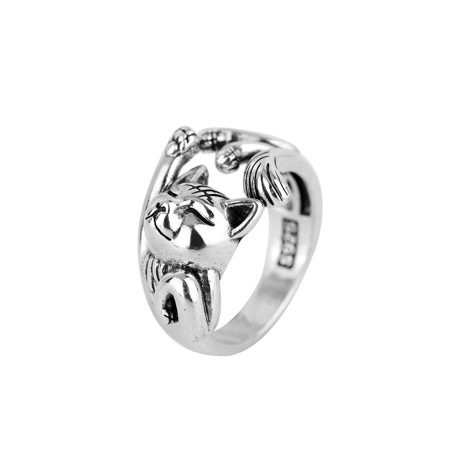 Best Sell Vintage Little Cat Animal Design Thai Silver Female Party Ring Original Jewelry For Women Christmas Gifts No Fade