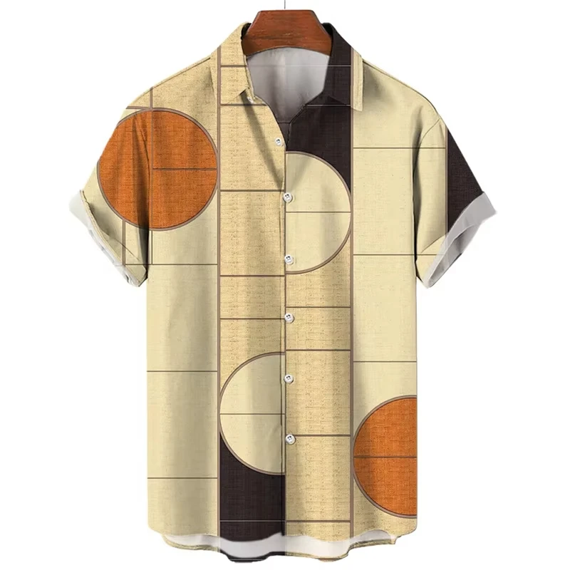 Men's Shirt Retro Curved Geometric Stripe Print Short Sleeve Turn Down Collar Loose Summer Vacation Casual Tops Mens Clothing