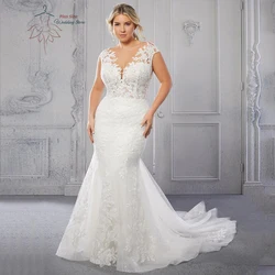 Elegant Strapless Wedding Dresses Plus Size Cap Sleeves Bride Gowns Appliques Backless Sweep Train Mermaid Vestido De PSL980024