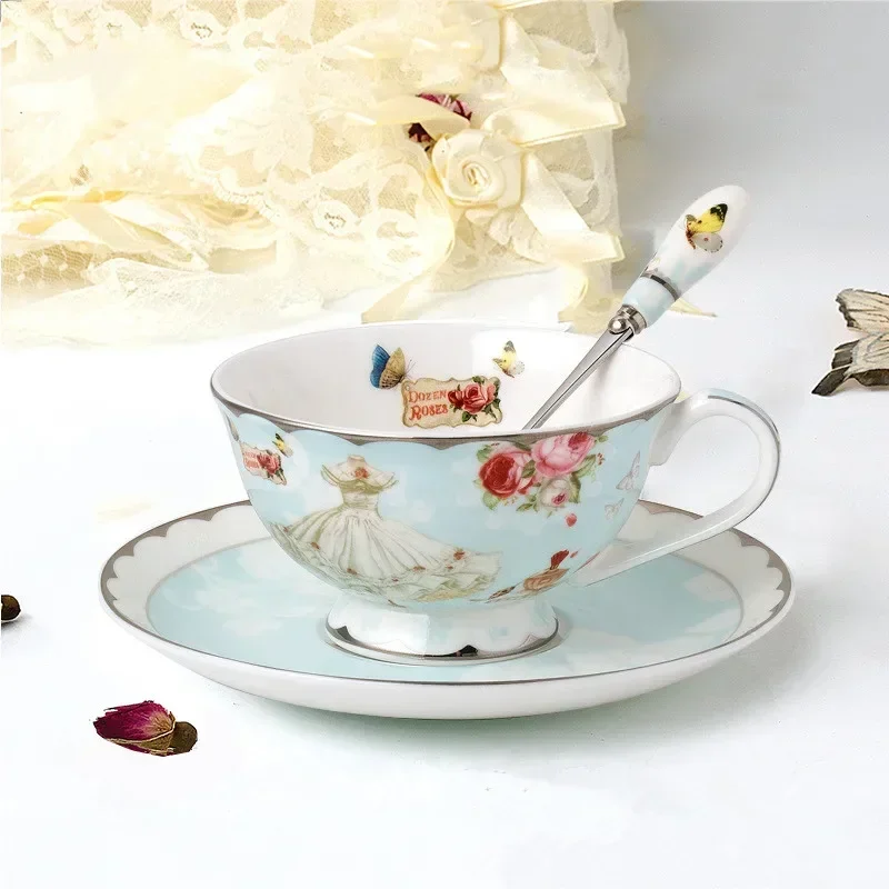 Romantic European Coffee Cup Saucer Set, Creative Ceramic Cup, Advanced Valentine Flower Tea Teacup Gift, Porcelain Drinkware
