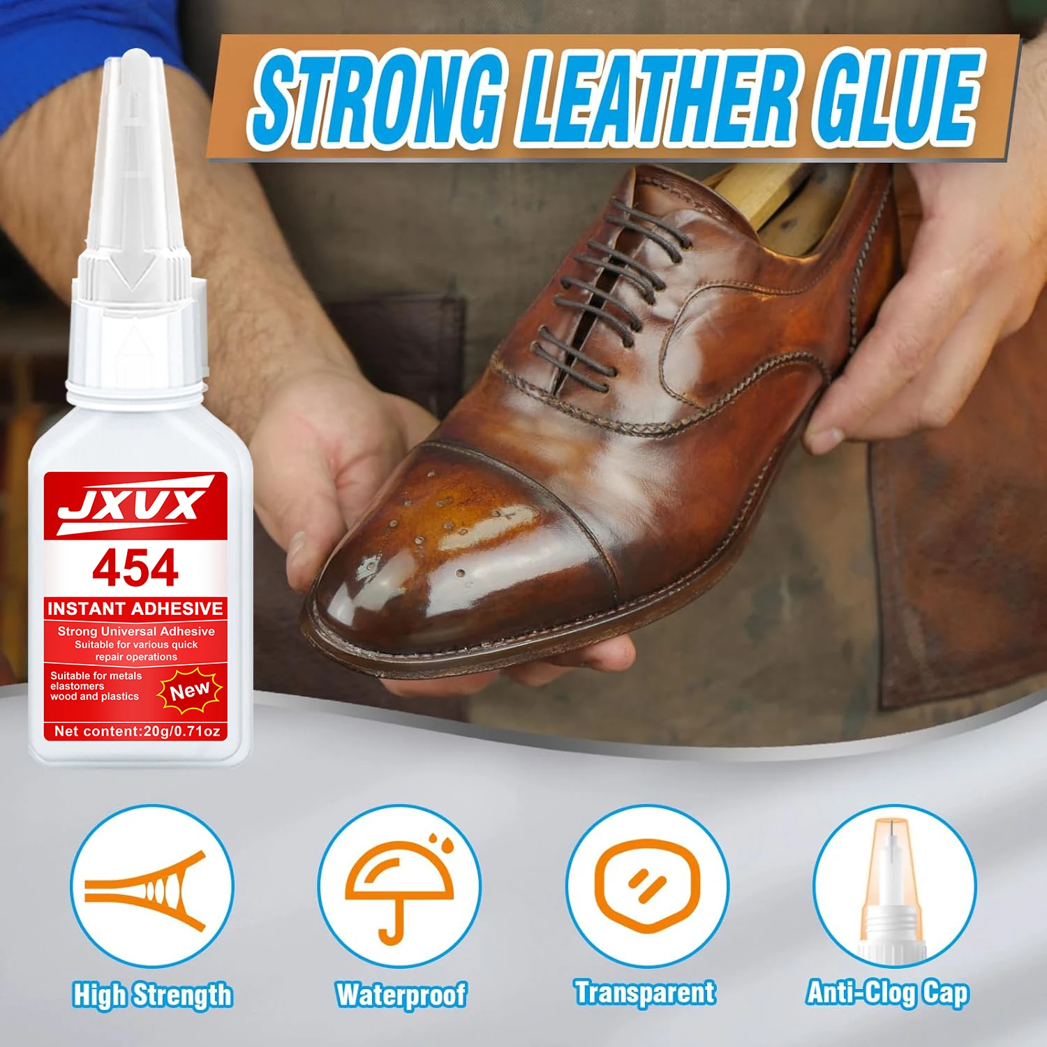 JXVX 454 Supercola, Supercola com nova fórmula, Baixo odor, Secagem rápida, Forte aderência, Antienvelhecimento, Adesivo transparente à prova d'água para reparos sem costura, Adesivo líquido incolor superforte