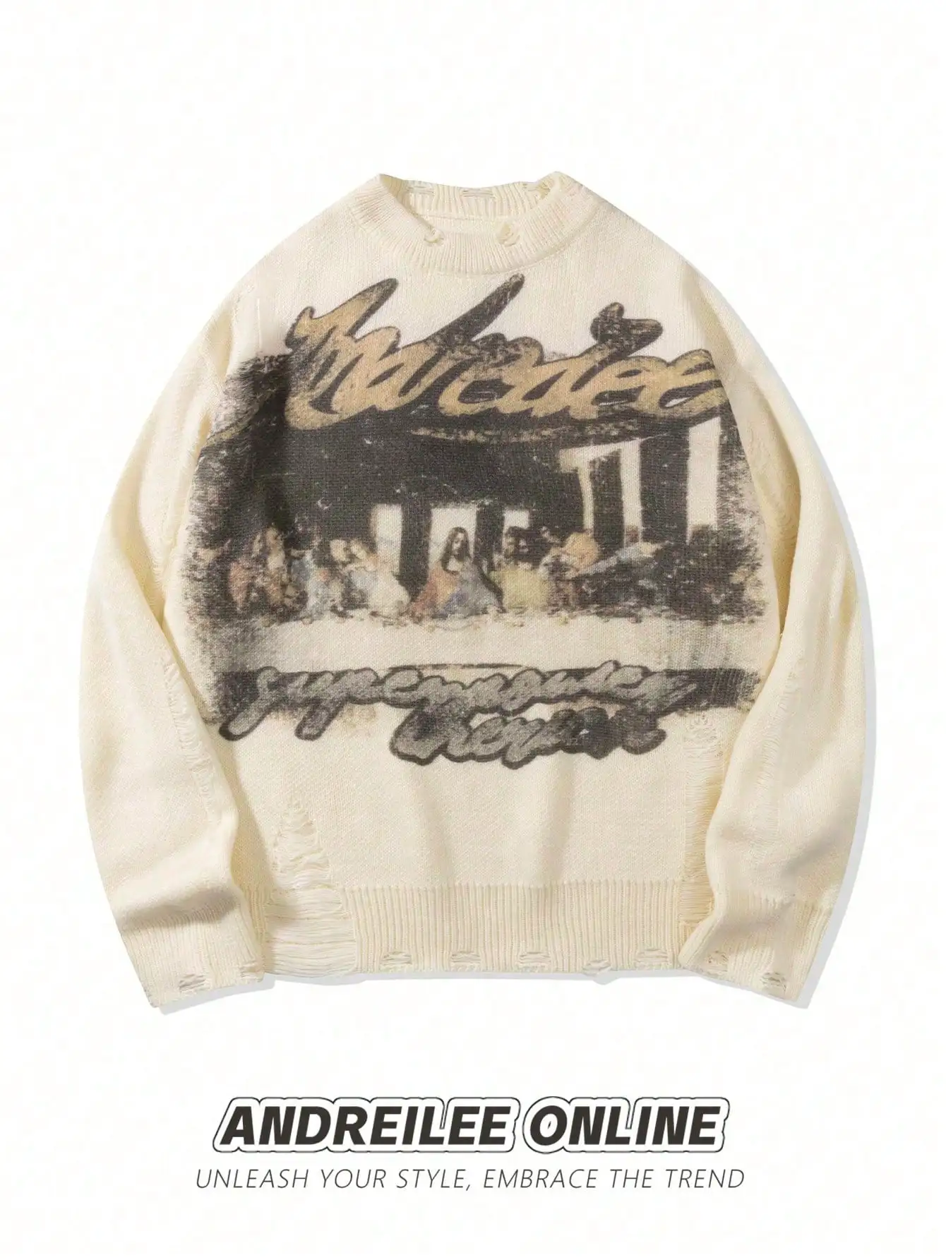 

Men's Distressed Crew Neck Knit Sweater with Vintage Art Print, Casual Loose Fit Pullover for Autumn Winter