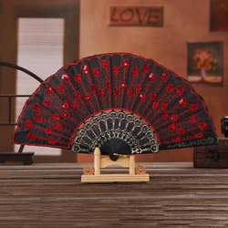 1Pc Chinese Style Plastic Folding Fan Sequin Embroidered Craft Fan Dance Handheld Fan For White Wedding Party