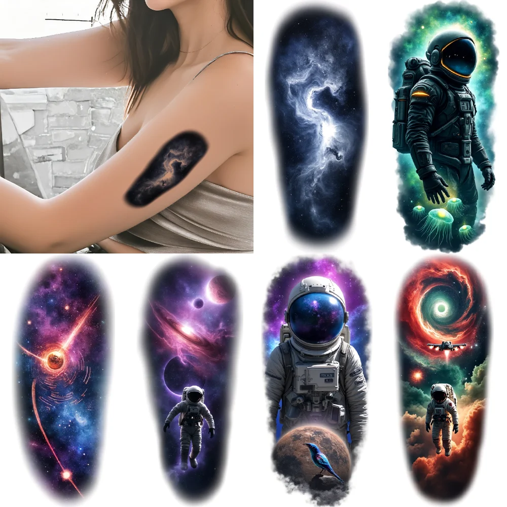 

Временная татуировка, красочный реализм, галактика, астронавт, космический корабль для плеч, спины, бедер