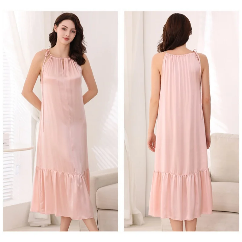 Wedding 100% Mulberry Silk Pajamas Midi Dresses Women Spring Summer Sexy Sling Dress Loose Long Nightdress Sleepwears For Female