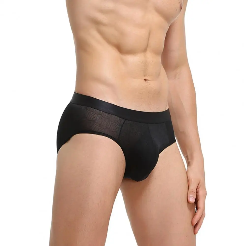 Breathable Ice Silk Men Briefs Mid Waist Mesh Jacquard Stretchy Underwear Underpants Male See Through Panties