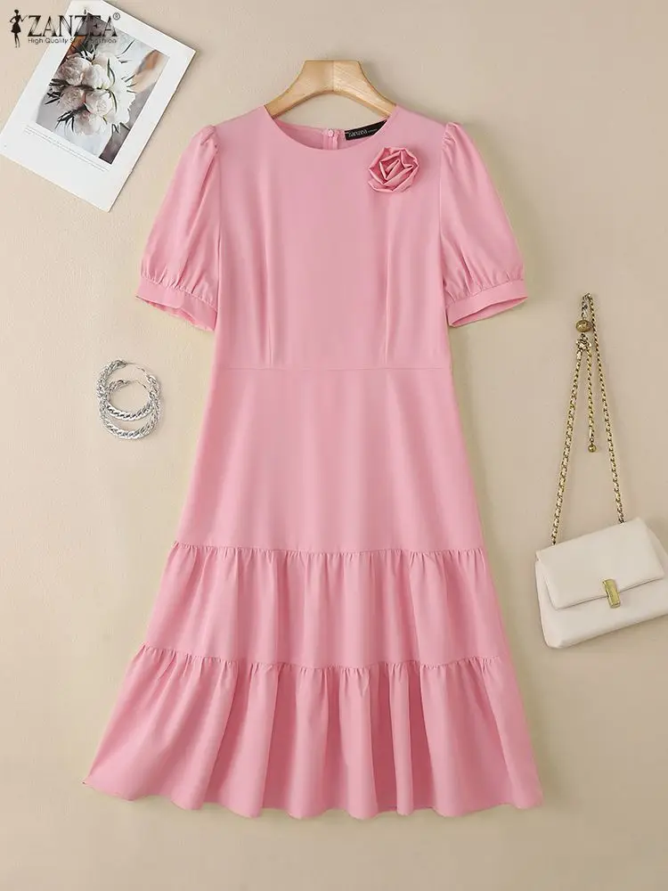 Zanzea elegante chique feminino em camadas midi vestidos tecido flor detalhada o pescoço manga curta puff cor sólida a linha vestido mulher