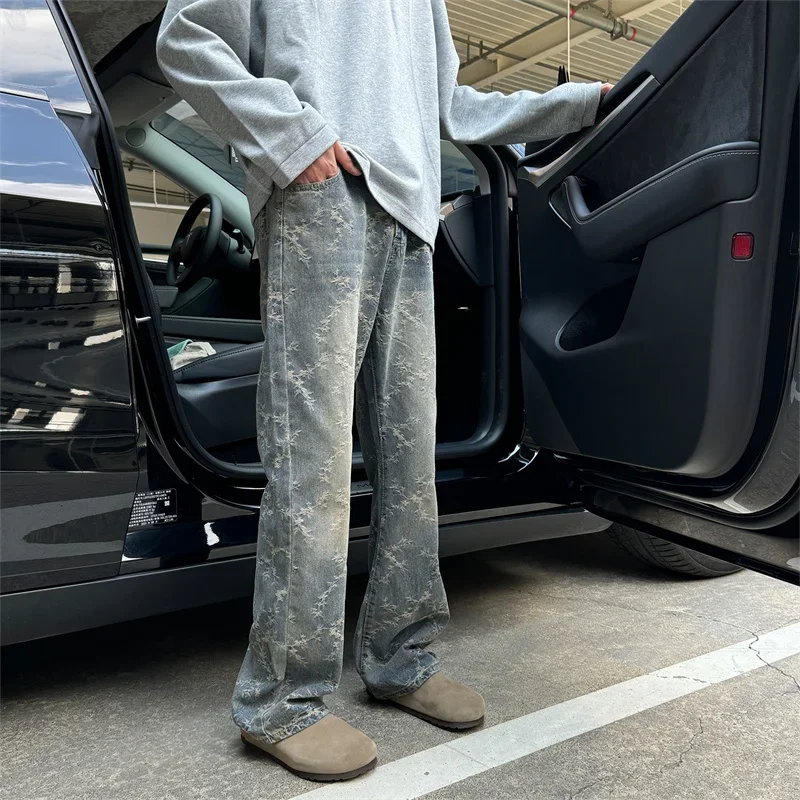

Spring Men's Vintage Graffiti Blue Jacquard Jeans New Hip Hop Streetwear Baggy Denim Pants Harajuku Printed Straight Jean