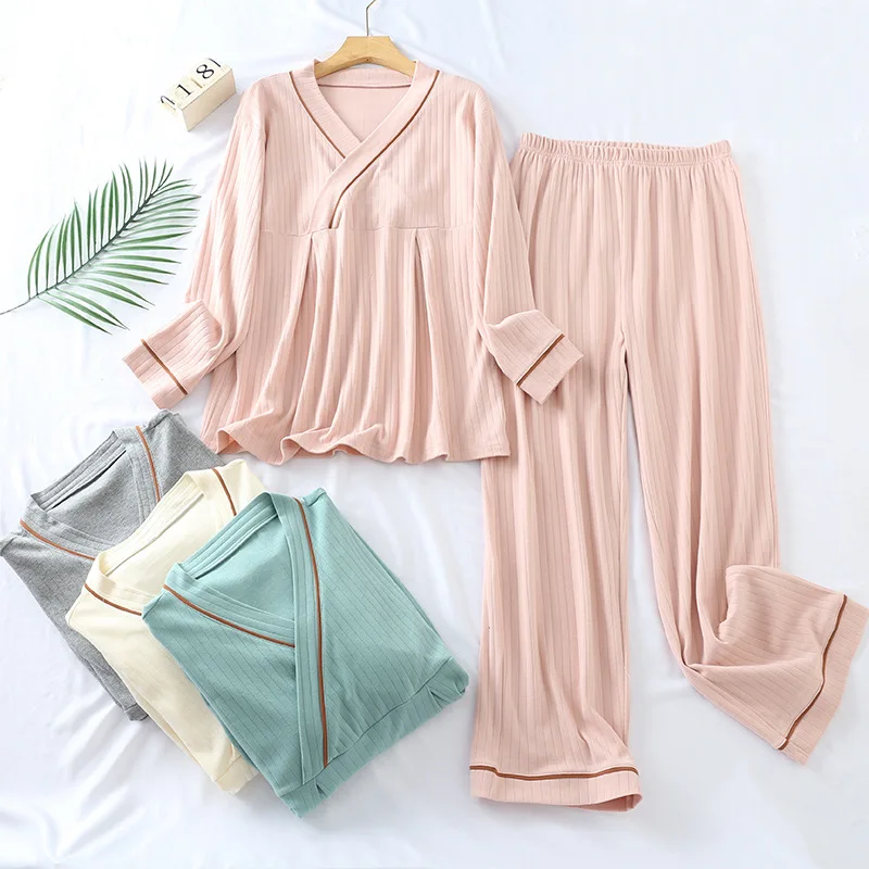 Korean Style Two Piece Set Cotton V-Neck Autumn Sleepwear For Women Nightwear Matching Pajamas Women's Nightie Underwear Set