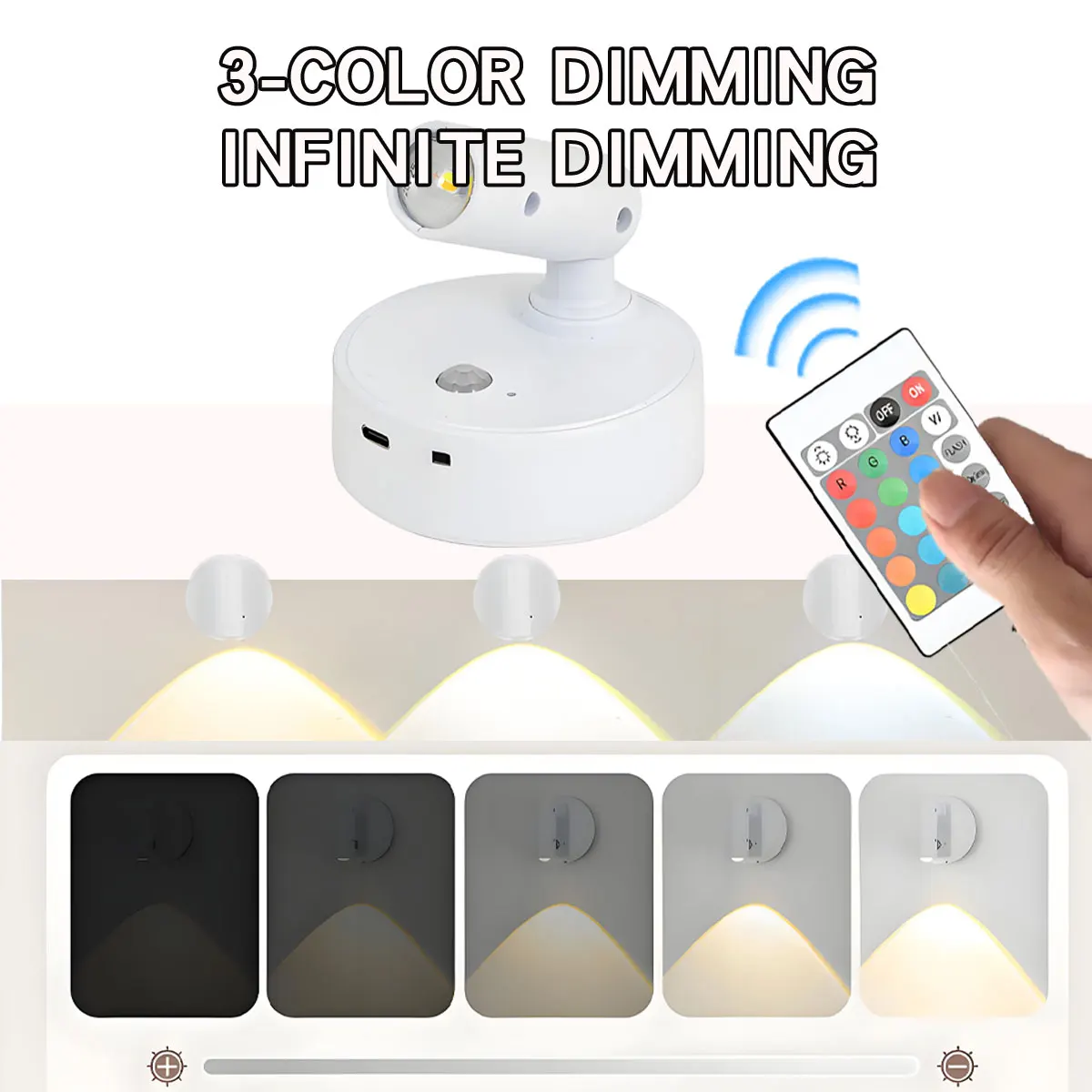 3 Colors LED Wall Light Magnetic Spotlight Dimmable Type-C Rechargeable Wireless Reading Light with Touch Switch Bedside Lamp