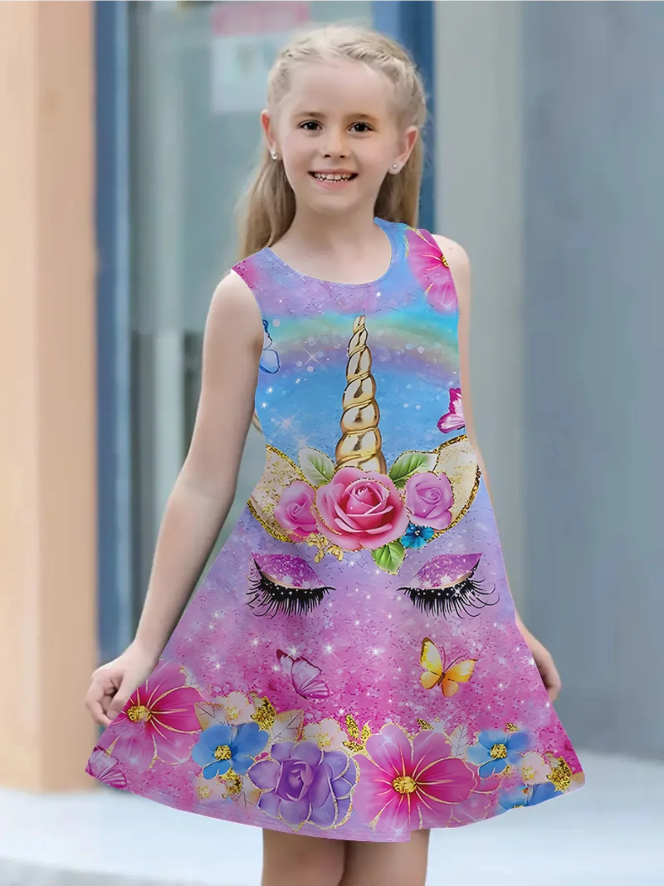 Summer 3-14 Year Old Girl Fashion Novel Printed Sleeveless Dress Casual Comfortable Breathable Party Dress