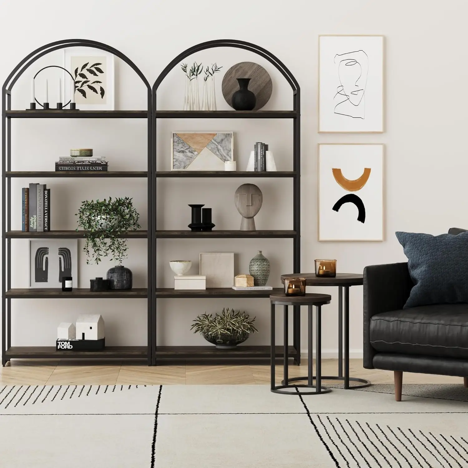 5-Shelf Bookcase in Nutmeg Wood and Black Metal Frame with Arch Top and Open Shelves, Nutmeg/Black