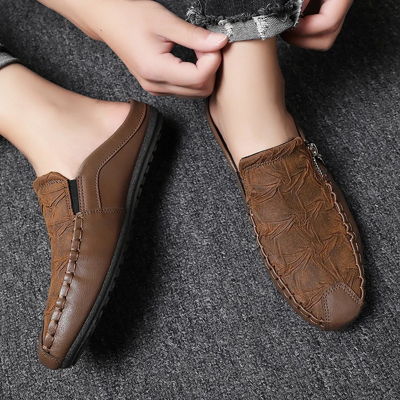 Fashion Sheepskin Mens Half Slippers Breathable Mens Casual Shoes Outdoor Men Loafers Lazy Shoes Flats Comfortable Male Sneakers