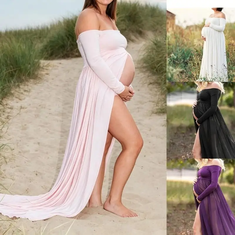 Maternity Off Shoulder Maxi Dress with Long Sleeves, Split Front Overlay and Flowing Train for Baby Shower Photos