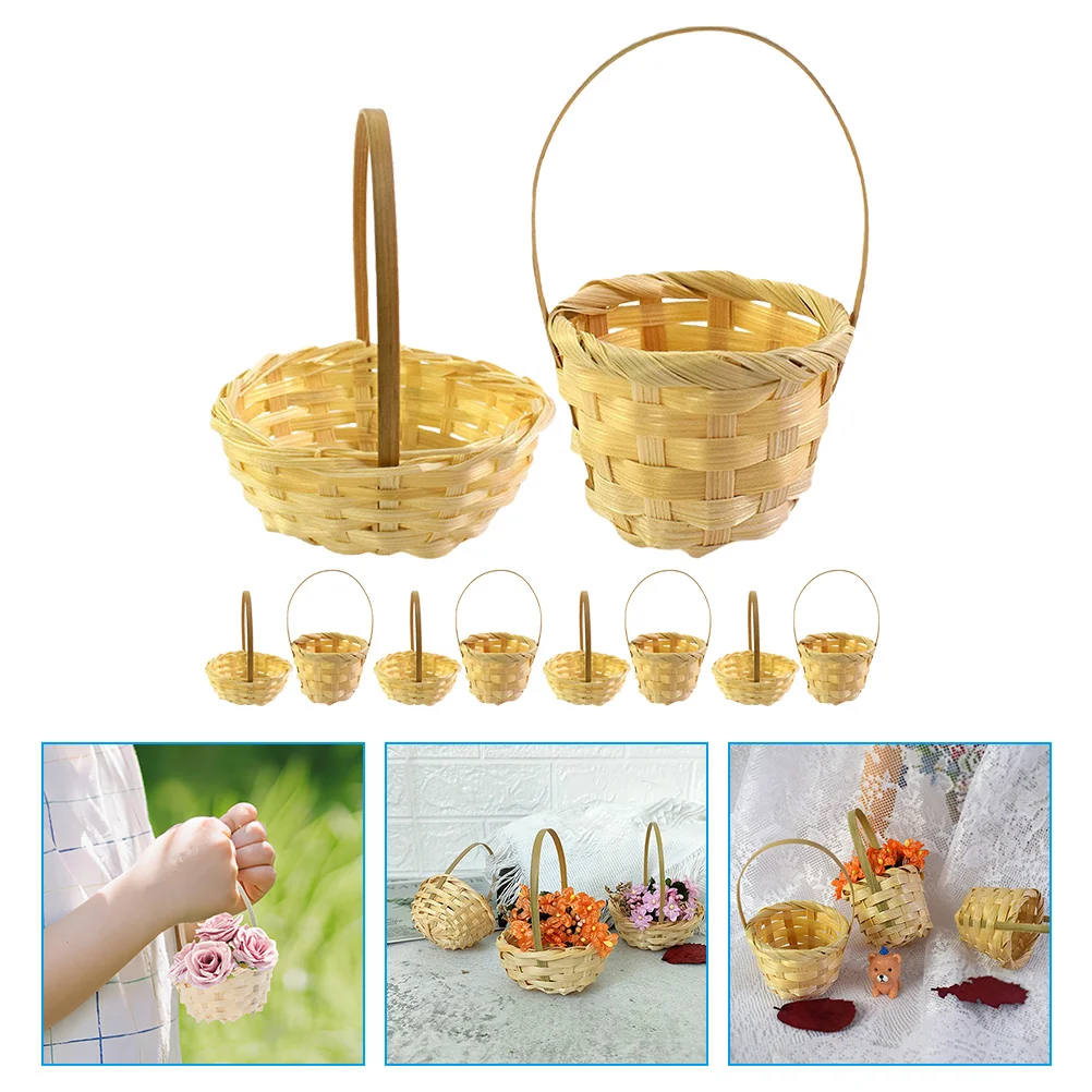 10 Pcs Mini Rattan Basket Interior Decor Baskets Photo Props Tiny with Handle Snack Handheld Bamboo Weaving Attractive