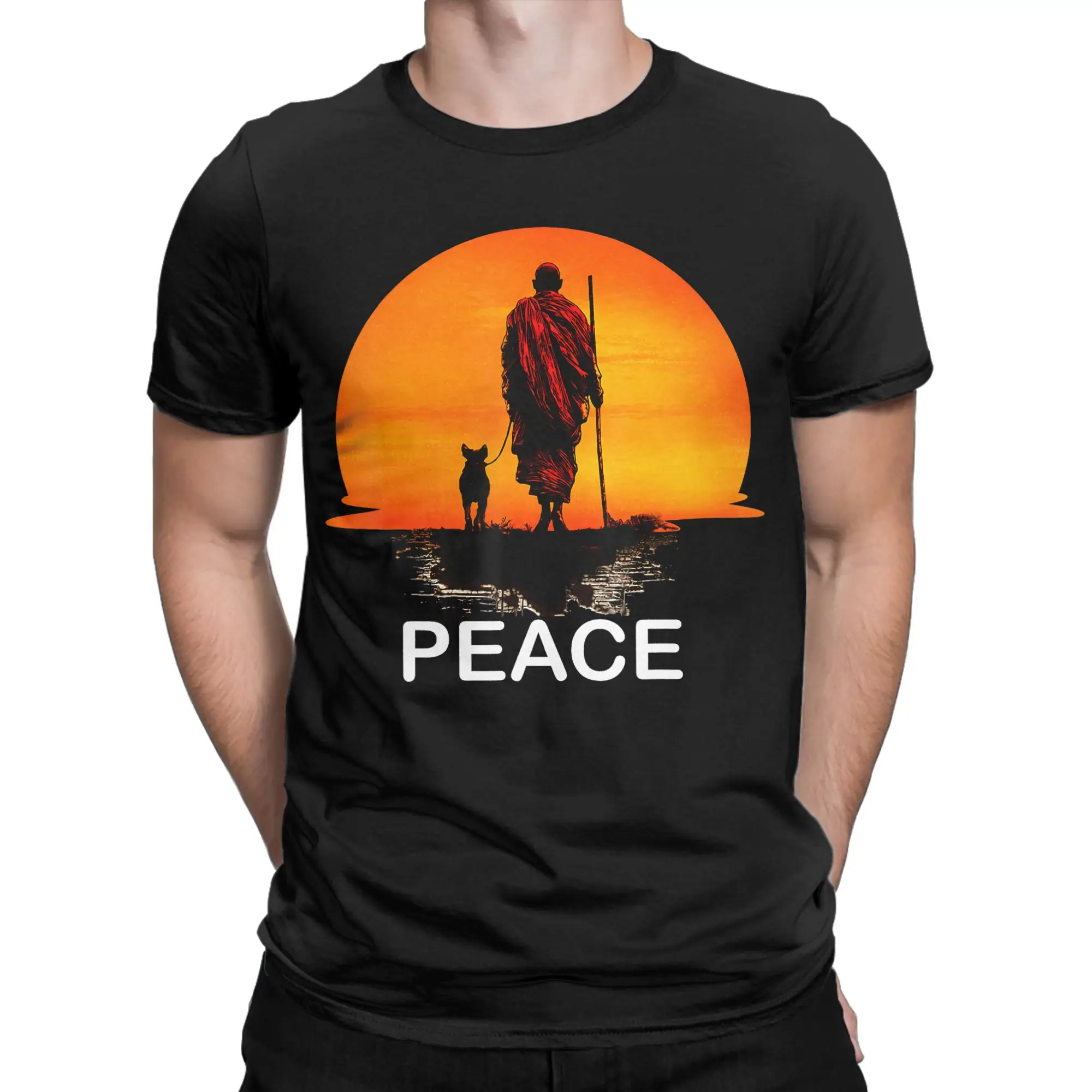 Men's T-Shirt Walk for Peace Monks with Aloka Dog Novelty Cotton Tees Minimalist Zen T Shirts Round Neck merchandise Plus Size