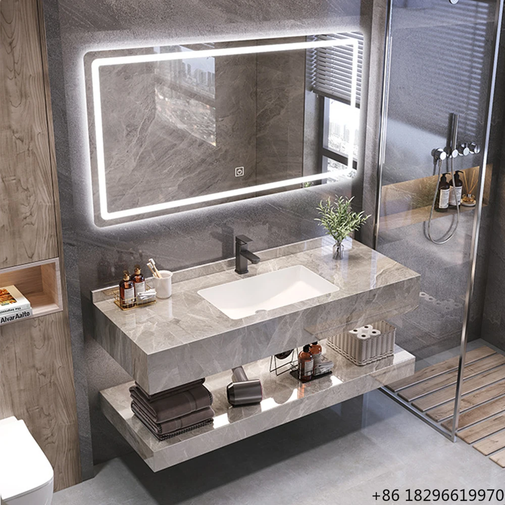 

Rock Slate Marble Countertop Sintered Stone Bathroom Cabinet Vanity Sink Wash Basin for Hotel