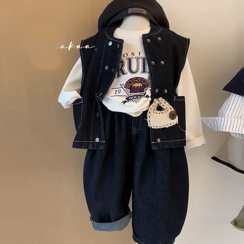 

Children's Clothing Set Spring and Autumn Handsome Boys and Girls Cowboy Vest Printed Long Sleeve T-shirt+Pants 3-Piece