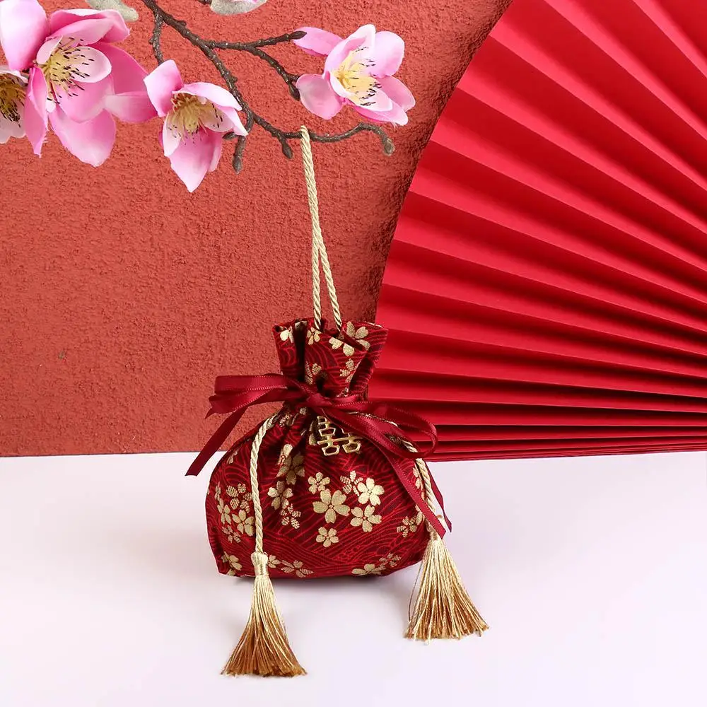 사쿠라 캔버스 꽃무늬 드로스트링 가방 스트라이프 진주 펜던트 리본 보우 손목 가방 한국 스타일 축제용 슈가백