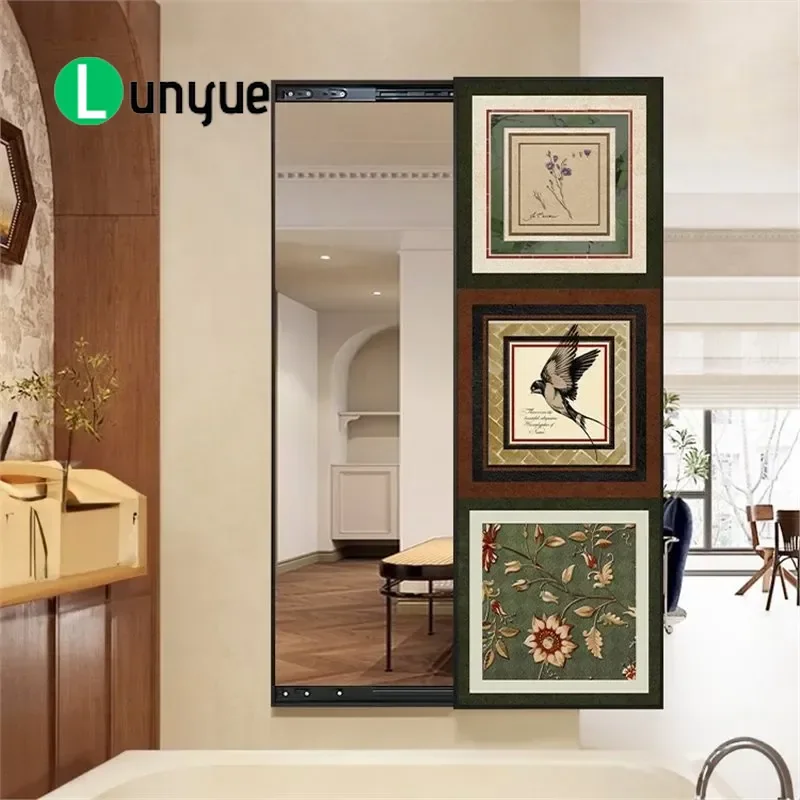 French Medieval Style Hidden Full Length Mirror Push Pull Sliding Door Invisible Wall Mural Space Saving Decor for Bedroom