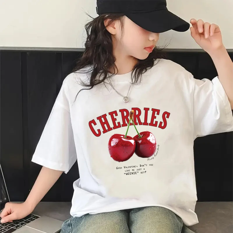 

Summer Children's Clothing Girls Short Sleeve Cotton Oversized T-shirt American Vintage Cherries Print Tops 2025 Kids Clothes