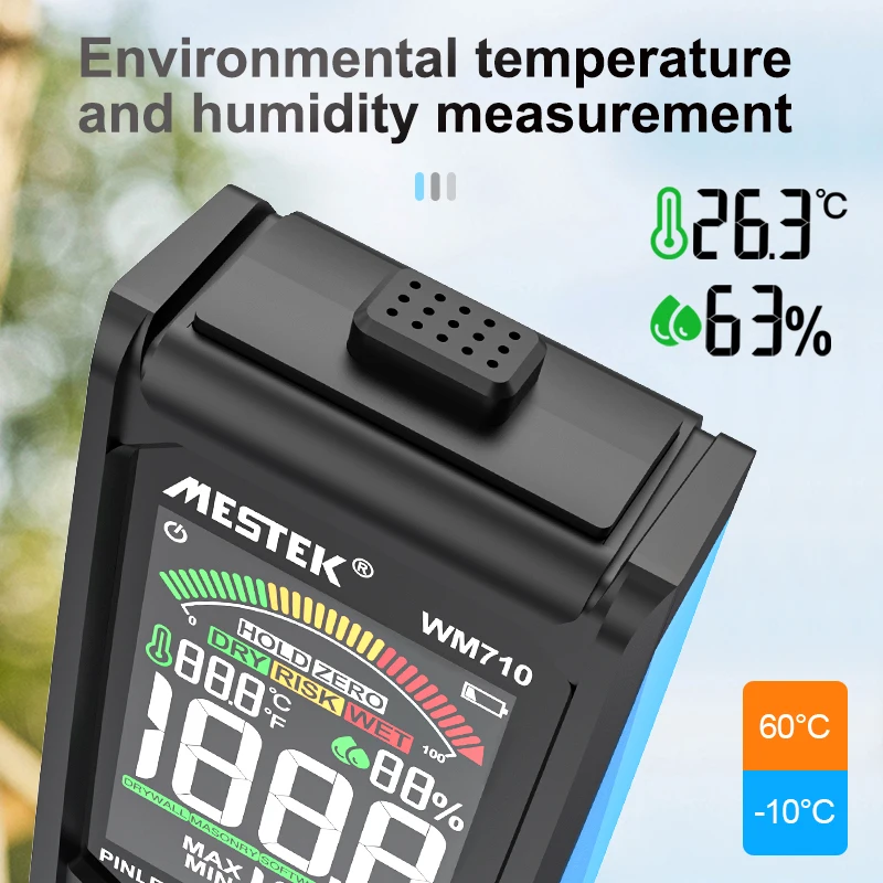 Mestek Non-Contact Inductive Wood Moisture Meter Data Hold Color Screen Digital Wood Timber Ambient Temperature Humidity Tester