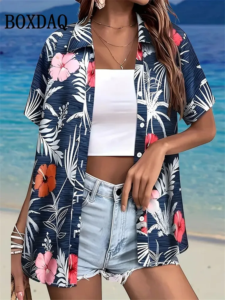 Blusa hawaiana de moda de verano para mujer, estampado de árbol de coco, solapa de manga corta, camisa informal con botones, Tops, camisa hawaiana de playa para mujer