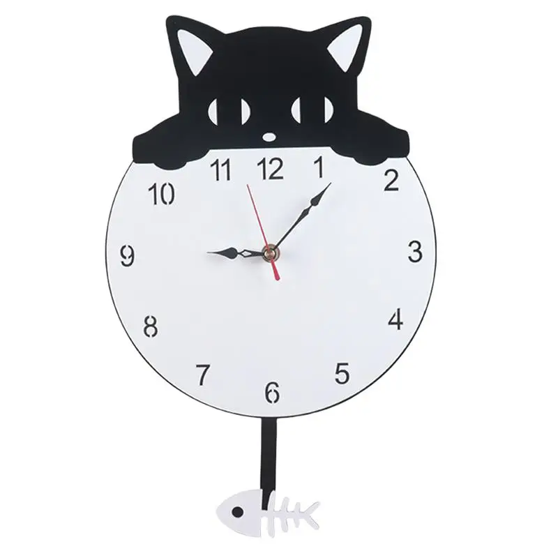 Fancy Cat And Fish Wall Clock For Bedroom Kitten Home Decor Watch Kitten Cat Clock with Swinging Tail Pendulum Cat Lover Gift