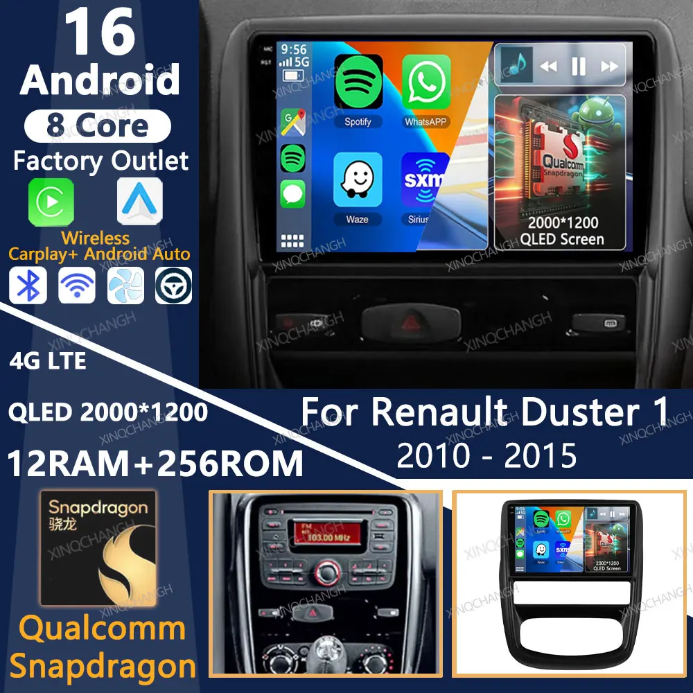 Android 16 Car Radio For Renault Duster 1 2010 2011 2012 - 2015 QLED Carplay Auto 4G WIFI Multimedia Video Player 2DIN Qualcomm